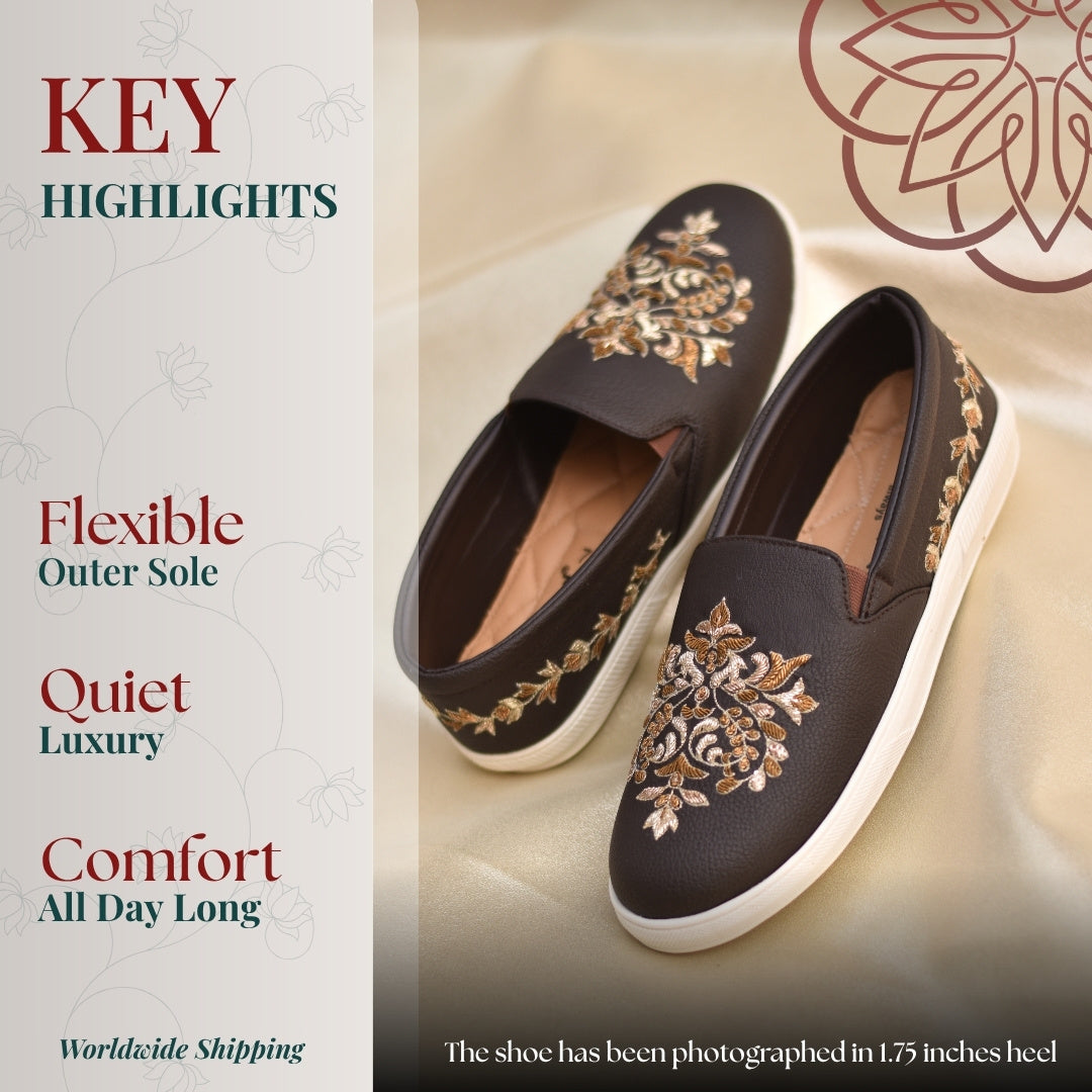 Brown loafers with floral gold embroidery work