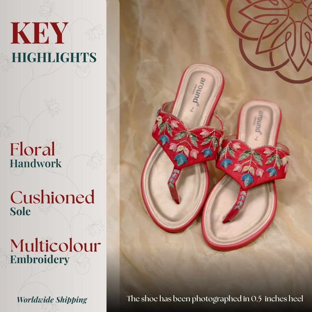 Malini Kolhapuris key highlights: floral handwork, multicolour embroidery and cushioned sole, shown in a 0.5 inch heel