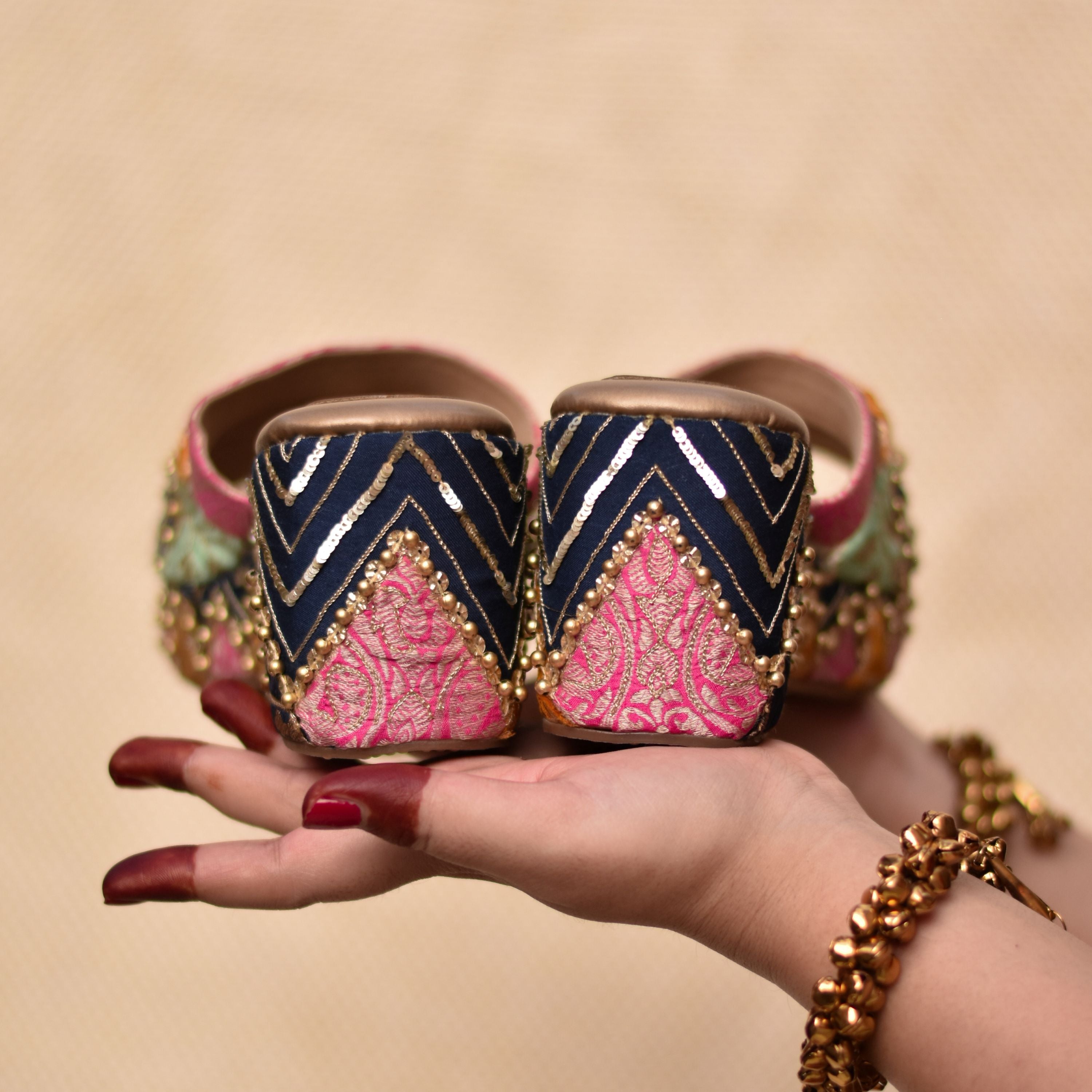 Ethnic navy wedge heels for weddings and festivals with vibrant multicolour brocade panels