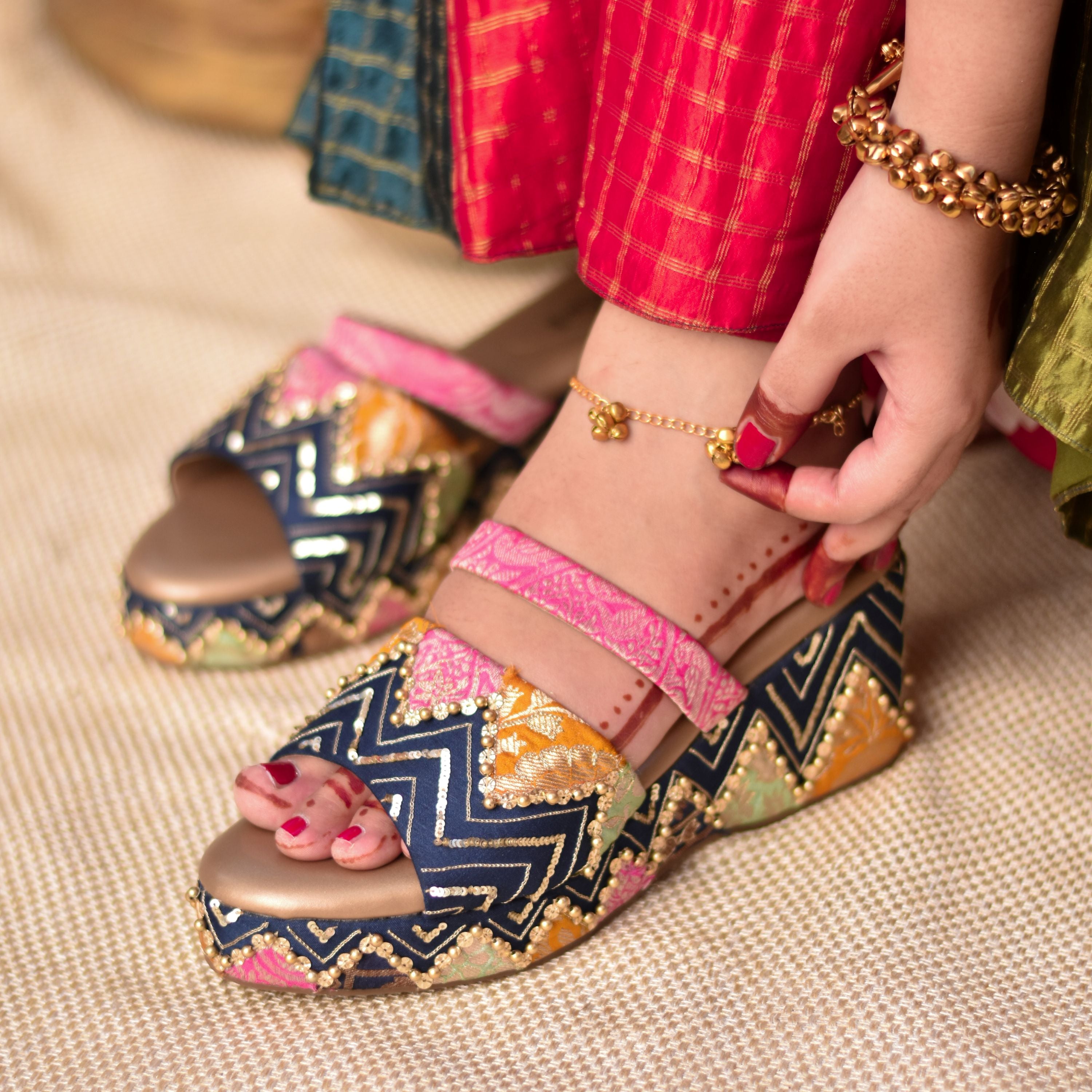 Traditional Indian wedges in navy with colourful brocade and sequin detailing