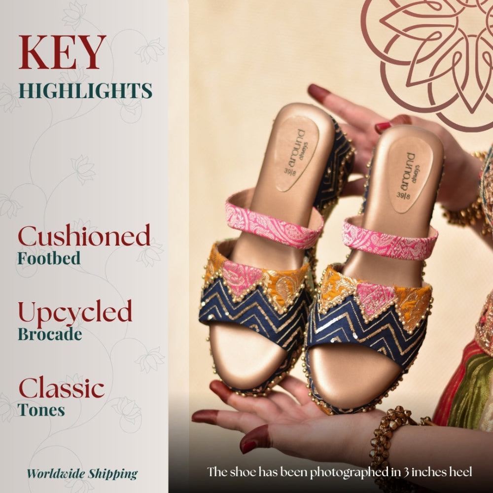 Traditional inspired open wedges with intricate threadwork and vibrant mixed tones
