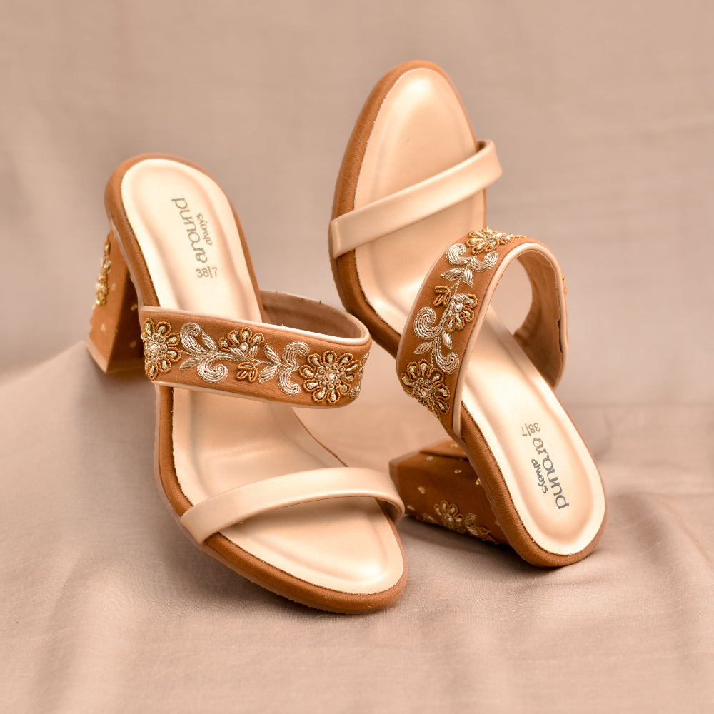 Suede festive heels featuring zari work and embellished 4inch heel.