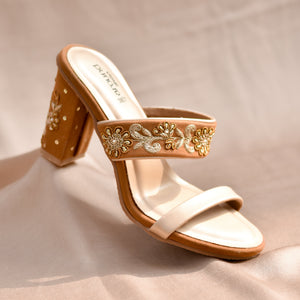 Tan ethnic sandals with gold zardozi embroidery and sleek straps
