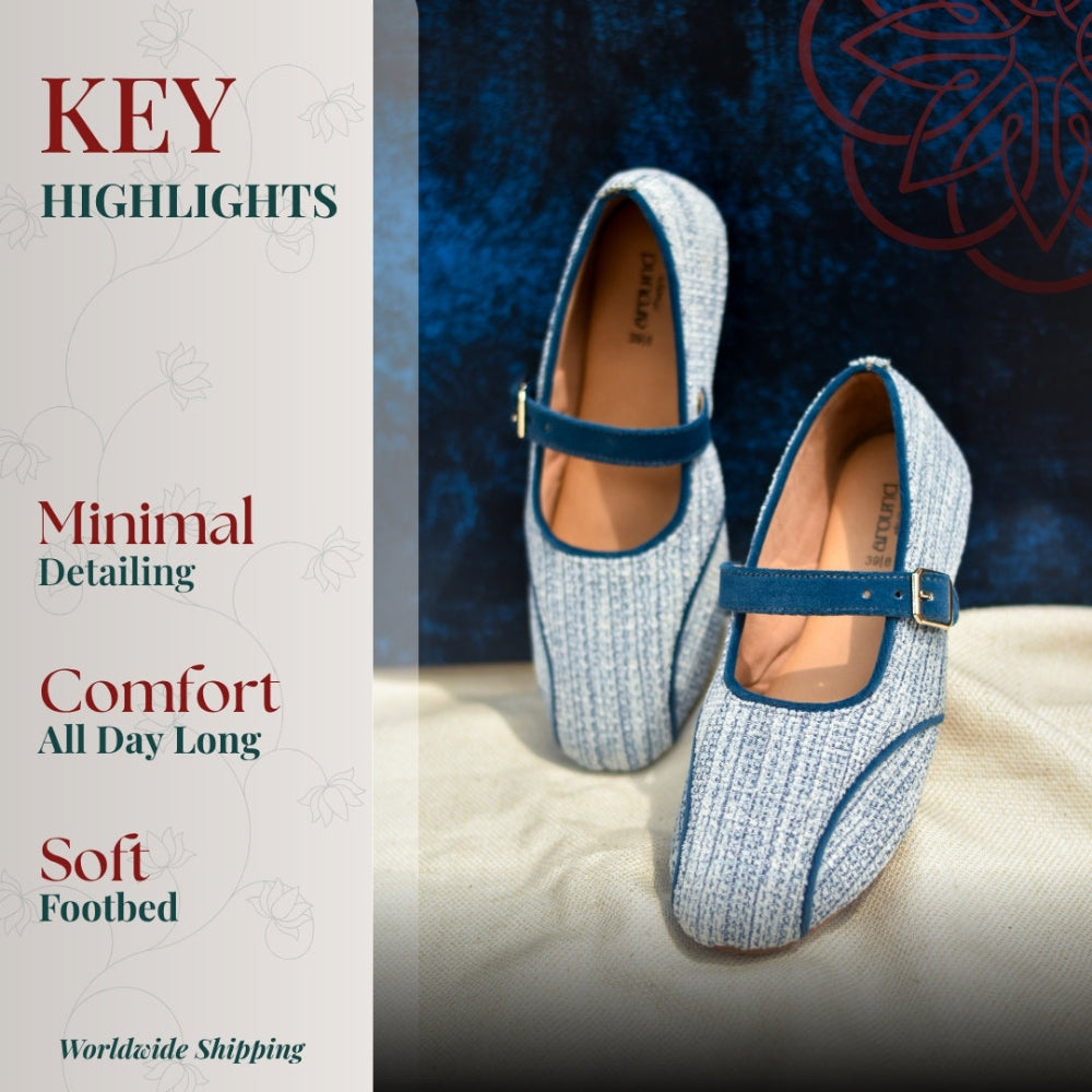Light blue woven Mary Jane shoes with minimalist strap design