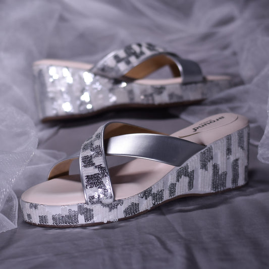 Marvel Wedges | Silver Shiny Wedding Heels