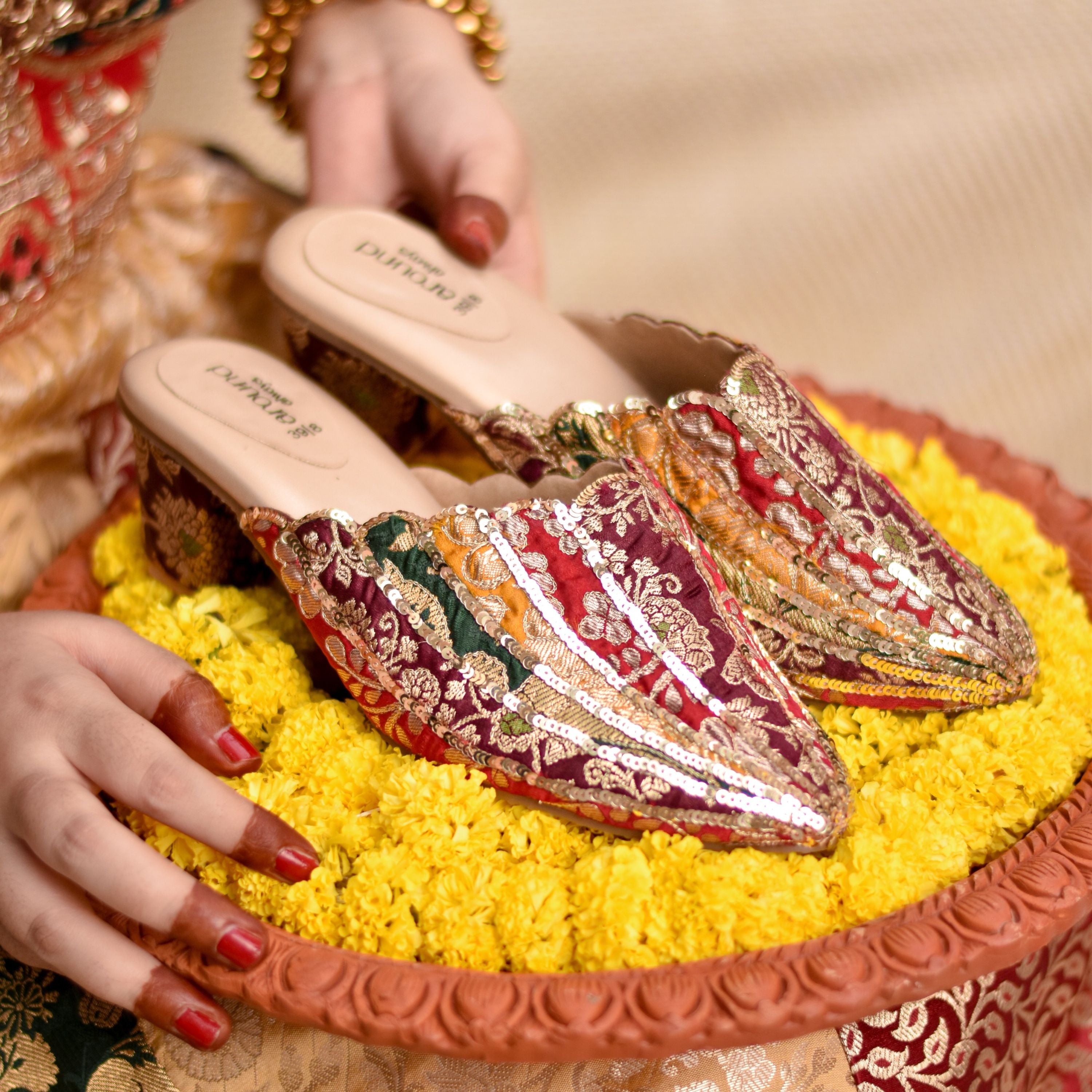 Handmade wedding Mules with scalloped edge design and block heels