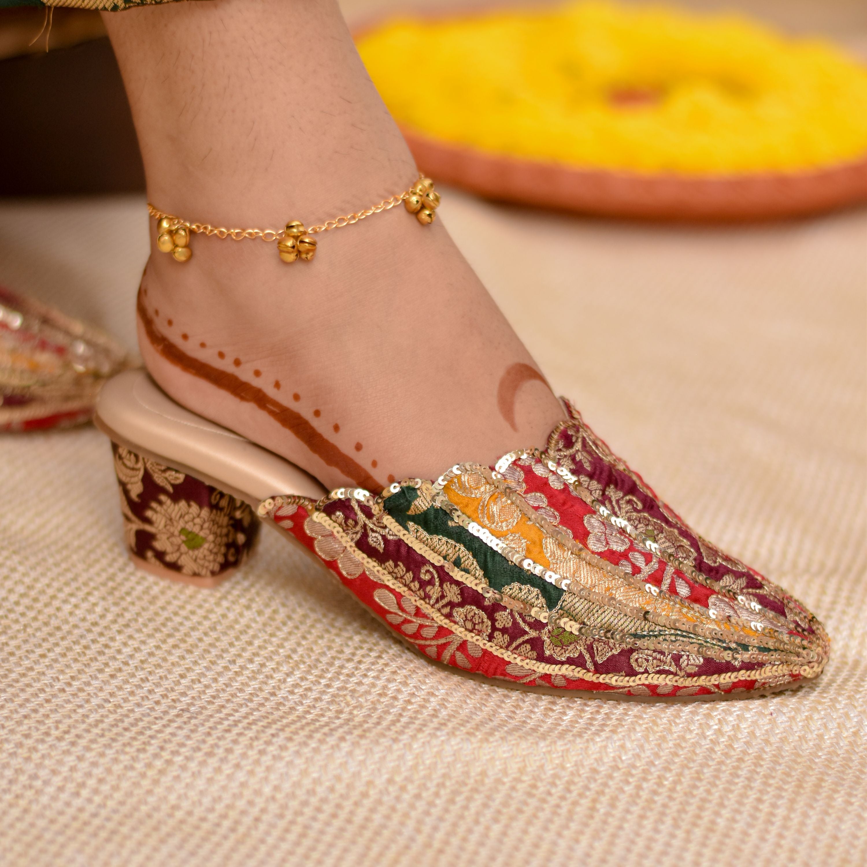 Vibrant ethnic heels with floral brocade and cushioned sole for festive wear