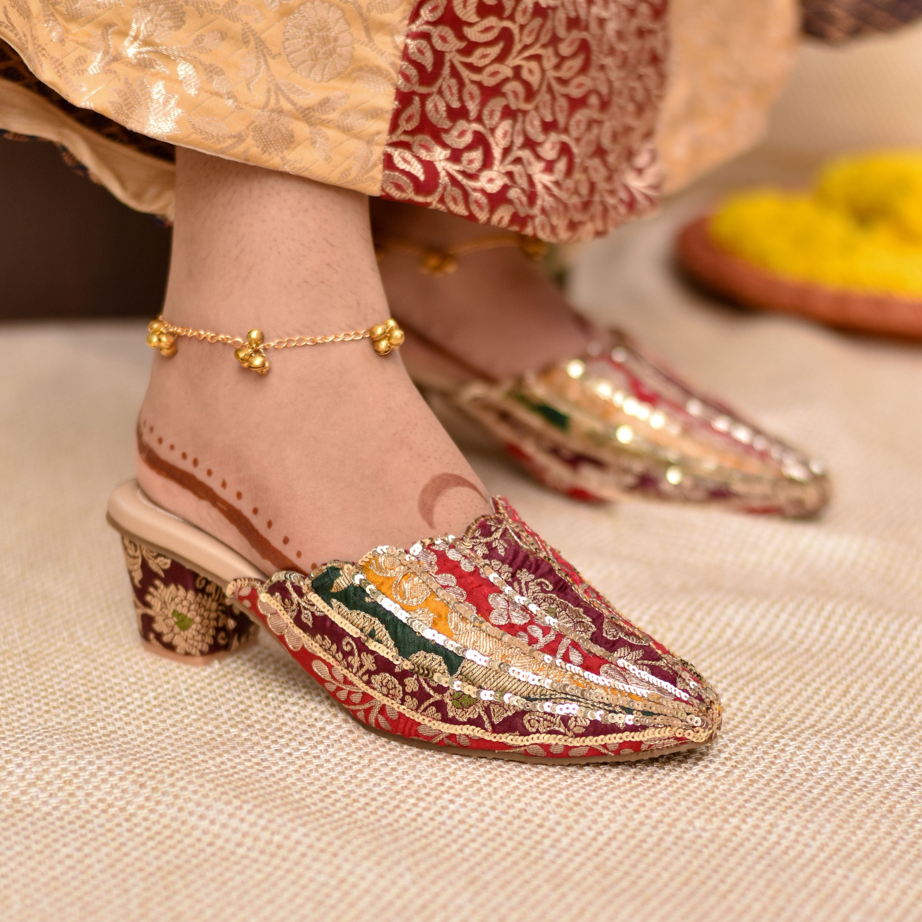 Multicolour brocade festive heels with gold sequin detailing for women