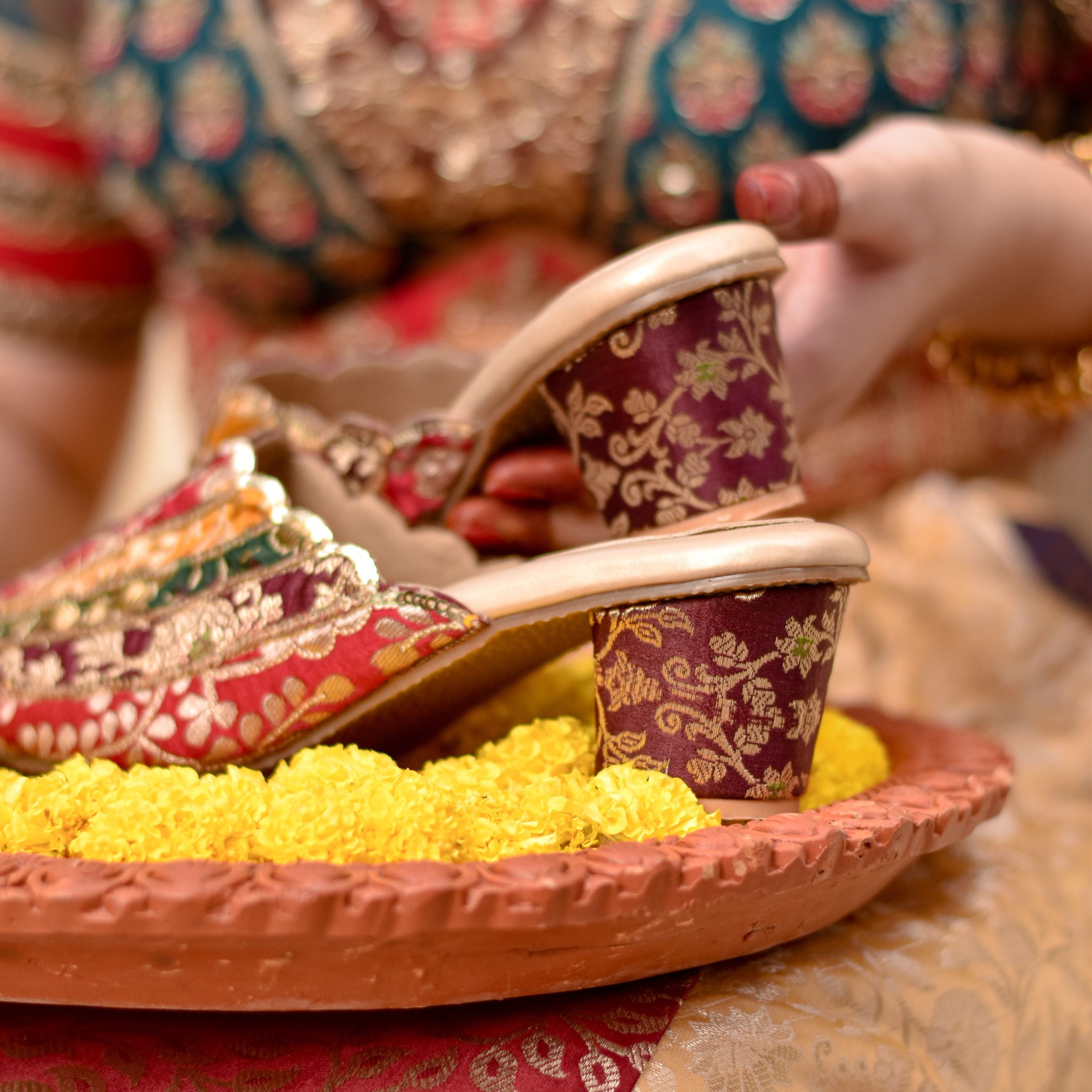 Women’s embroidered block heel sandals with colourful striped brocade pattern