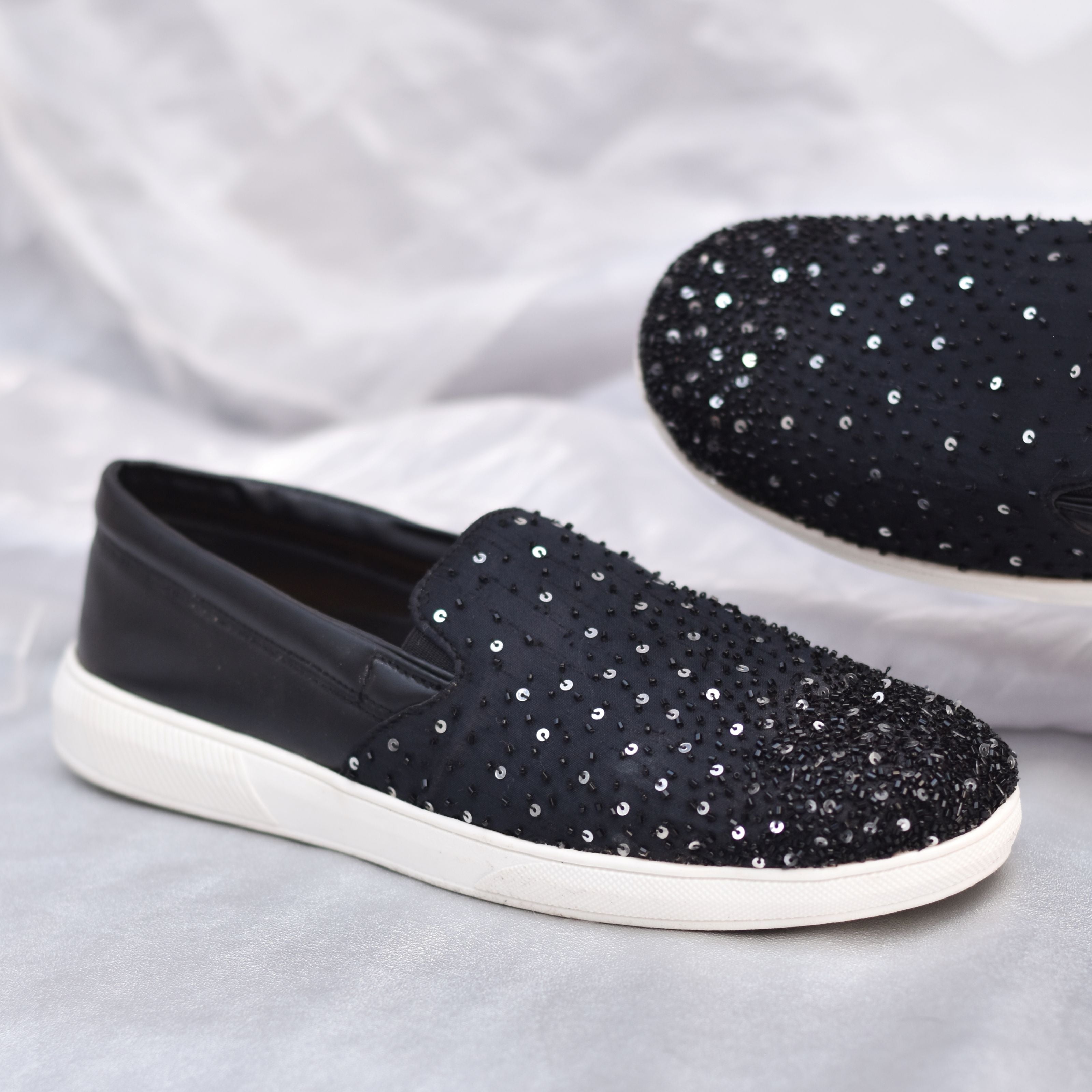 Shiny beaded shoes paired with sporty white base for wedding and cocktail.