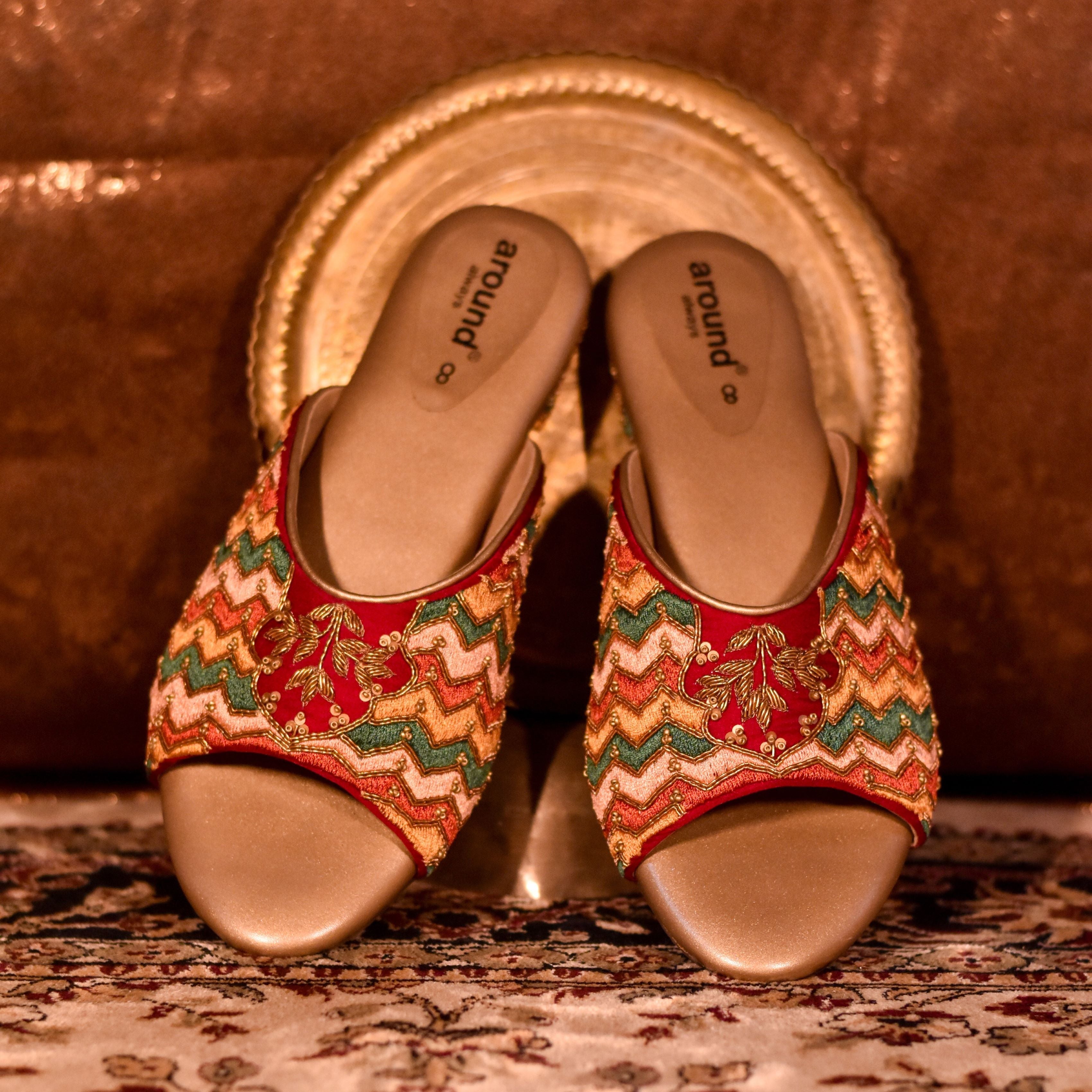 Vibrant Mehfil bridal flats with multicolour peep toe design, elegant women’s footwear.