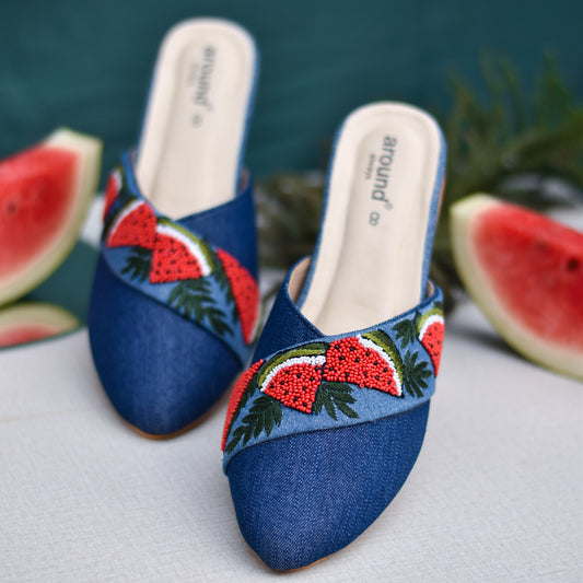 Embroidered denim footwear with bright red work