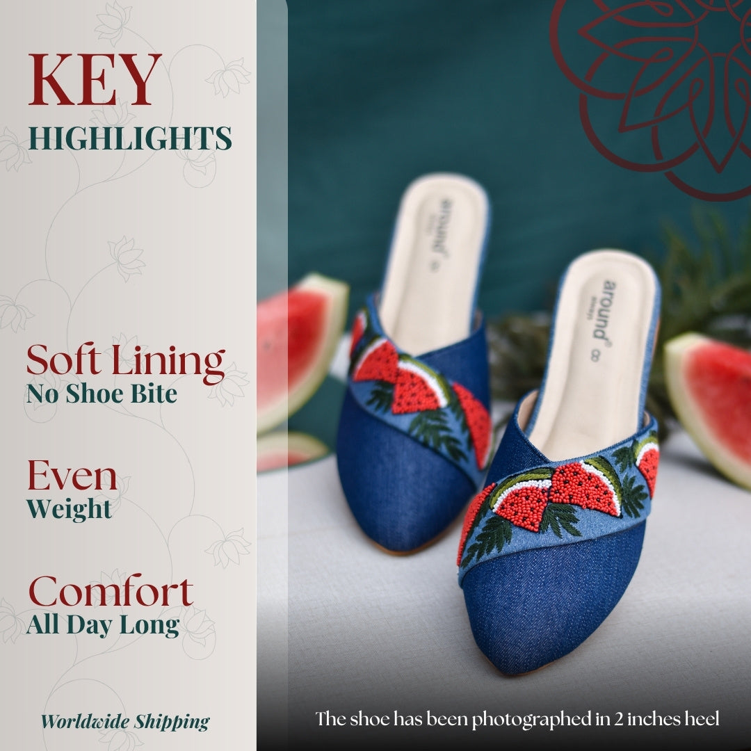Denim upper casual sliders with vibrant red watermelon design and cushioned footbed