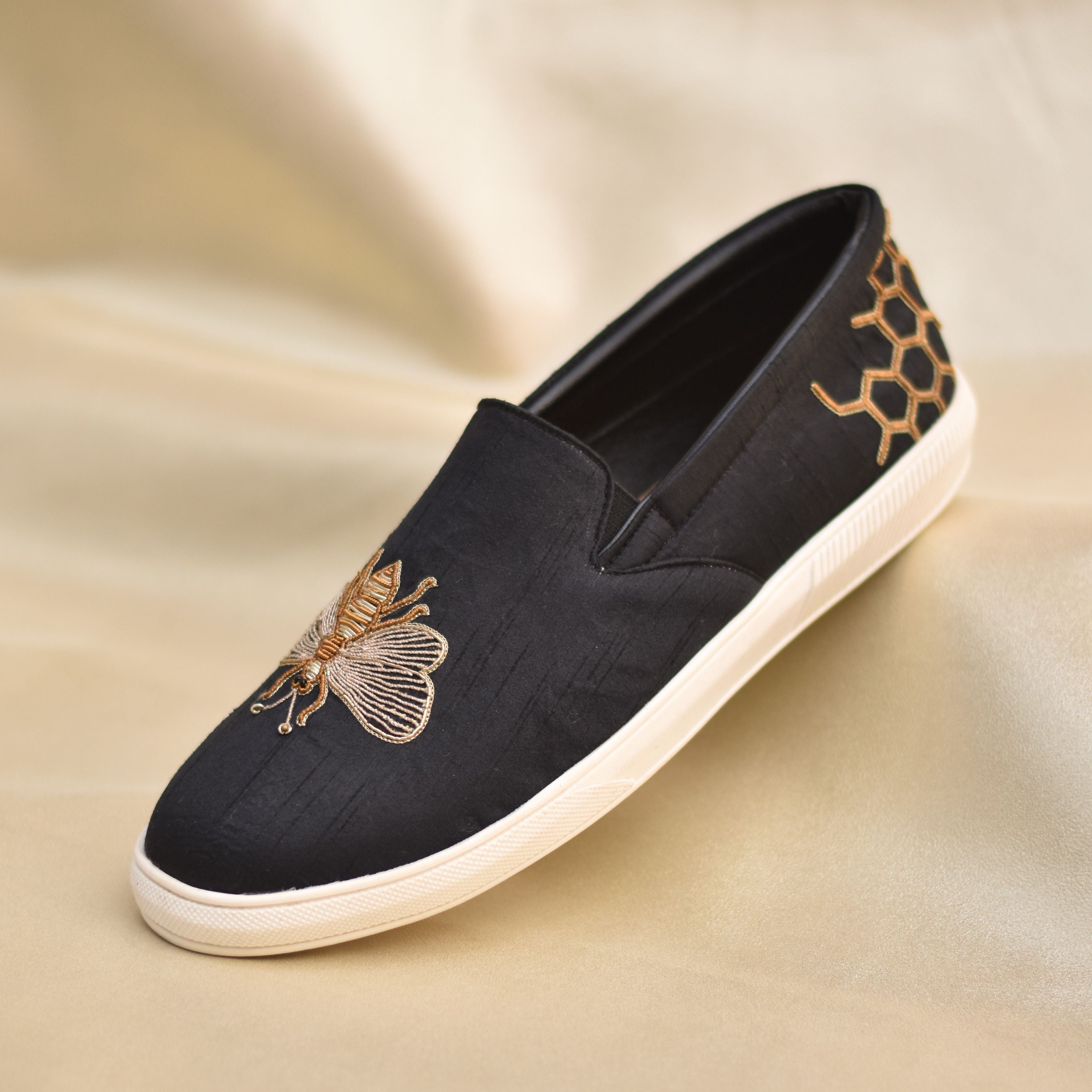 Embroidered groom footwear with edgy motif embroidery and comfort sole.