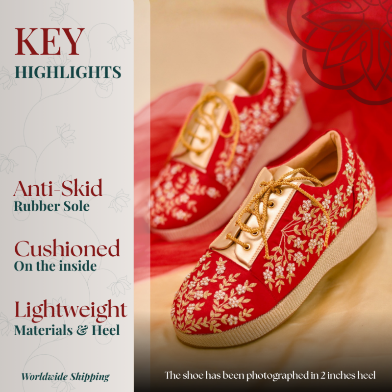 Red Embroidered sneaker wedges with golden heel and cushioned insole
