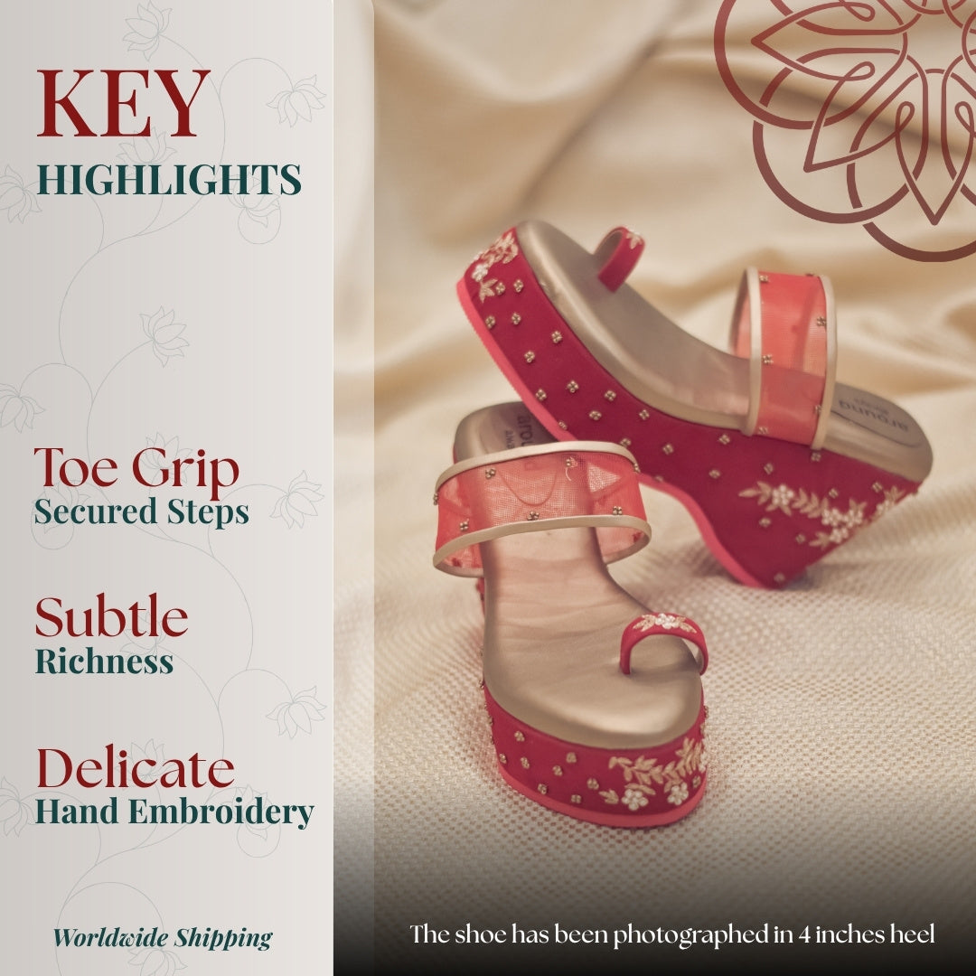 Ethnic red platform wedges with toe ring and handcrafted floral work