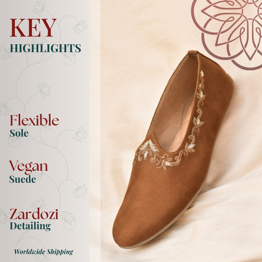 Indian festive mojris in slip-on style for groom and groomsmen with zardozi detailing