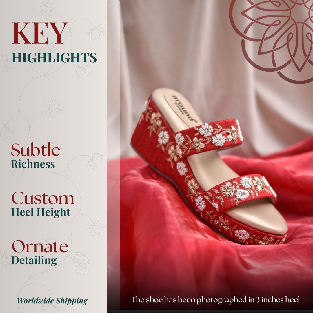 Golden and white zari work  wedge with dual straps and intricate floral detailing