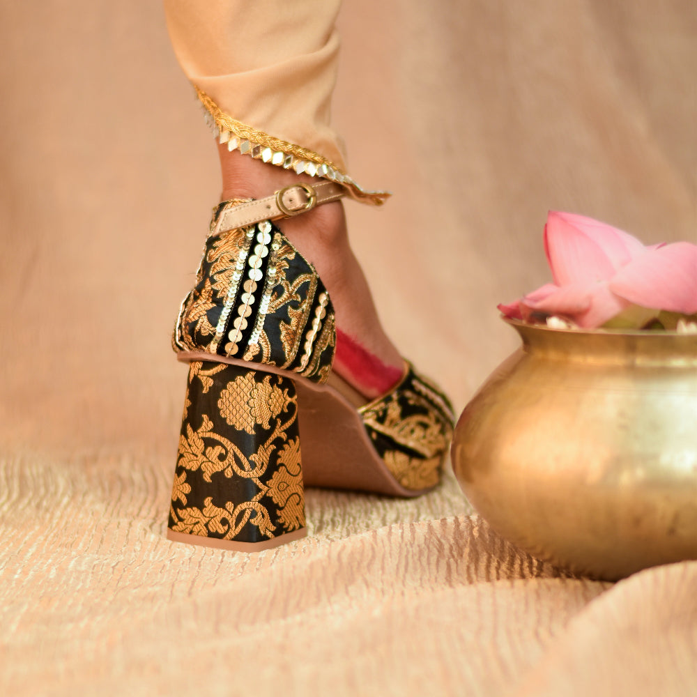 Festive sandal with detailed brocade design and high heel