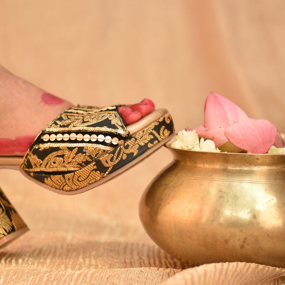 Women’s occasion footwear with ankle strap and rich textile detailing