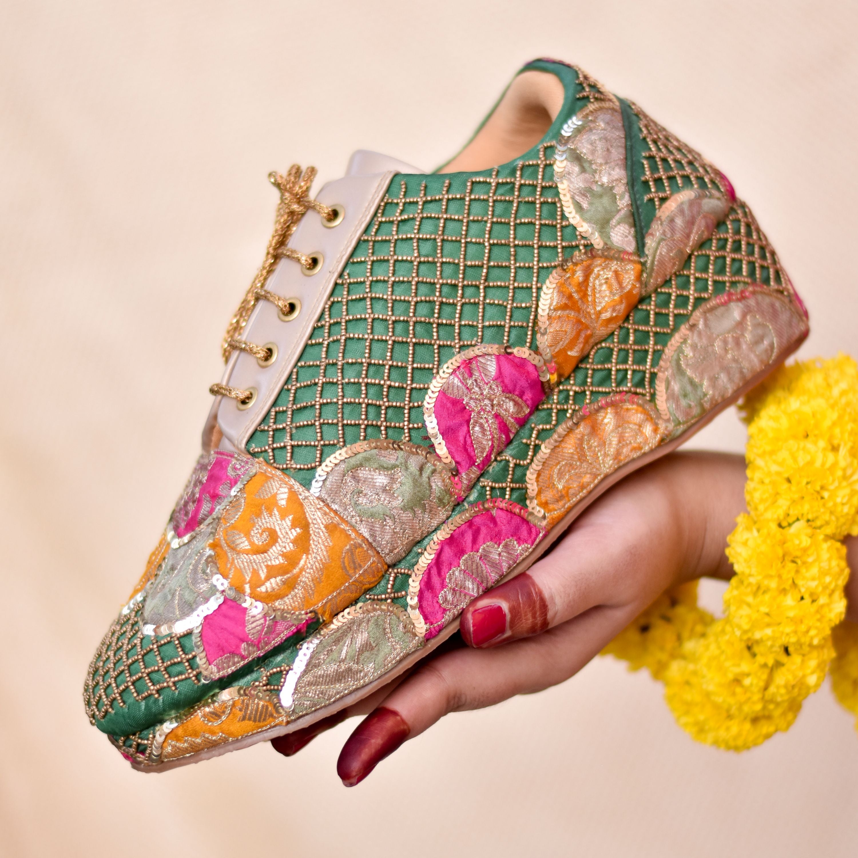 Mehendi sneaker with golden embroidery and vibrant brocade panels