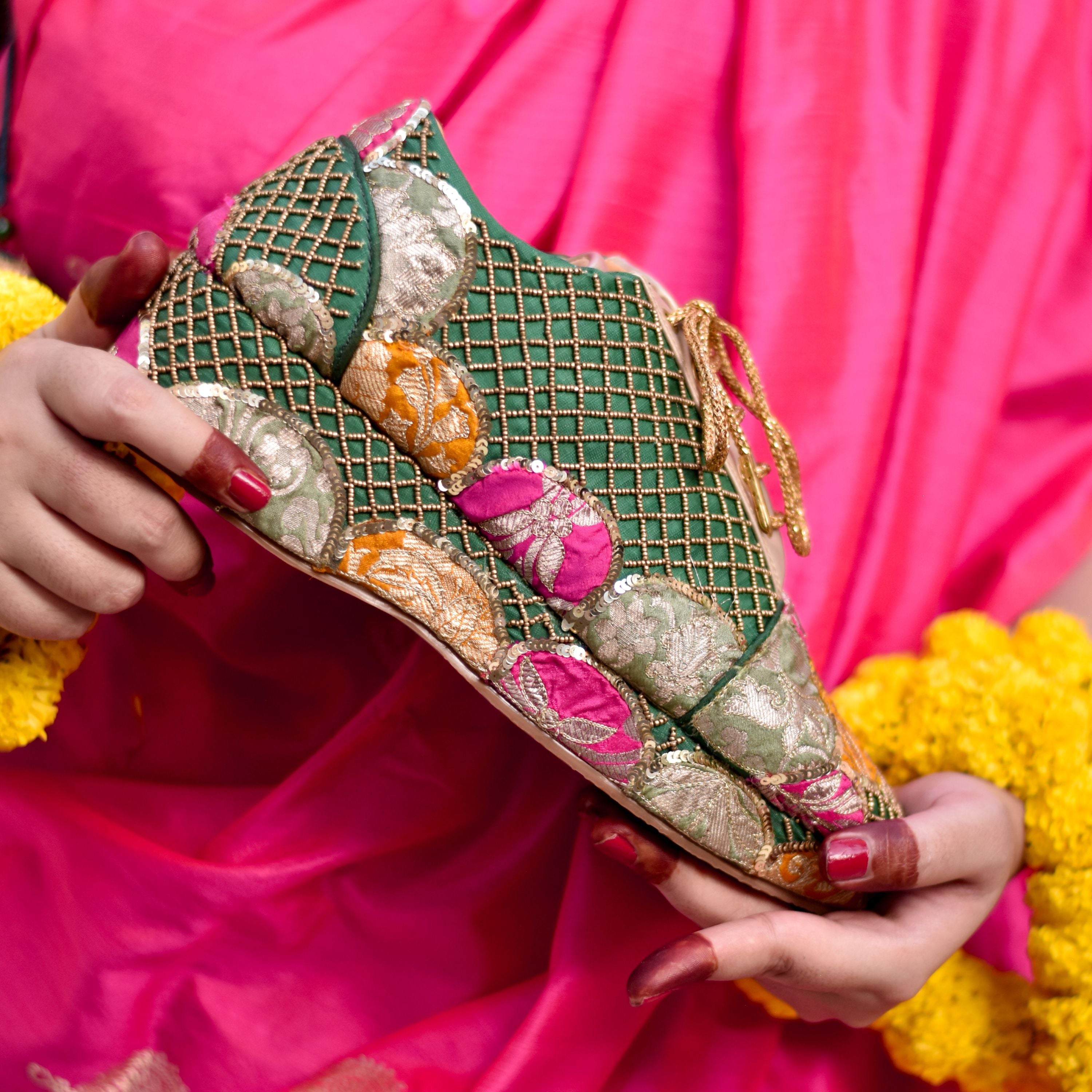 Handcrafted wedding sneaker with sequins and brocade applique