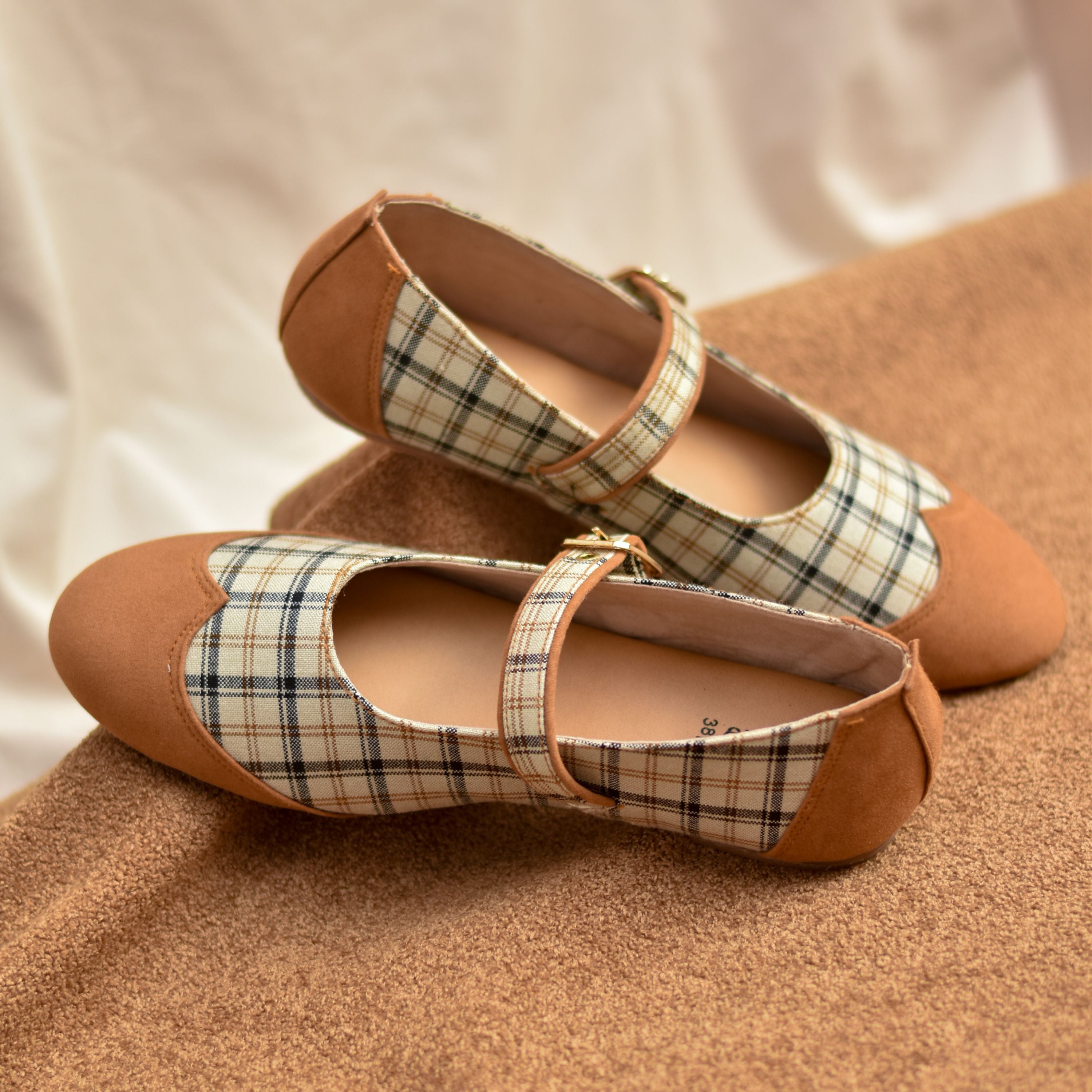 Plaid Mary Jane shoes with tan scallop detailing and gold buckle strap
