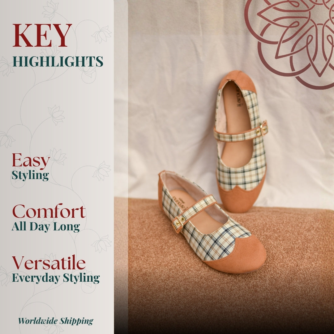 Classic plaid Mary Jane shoes with tan accents, rounded toe, and adjustable strap for effortless everyday style