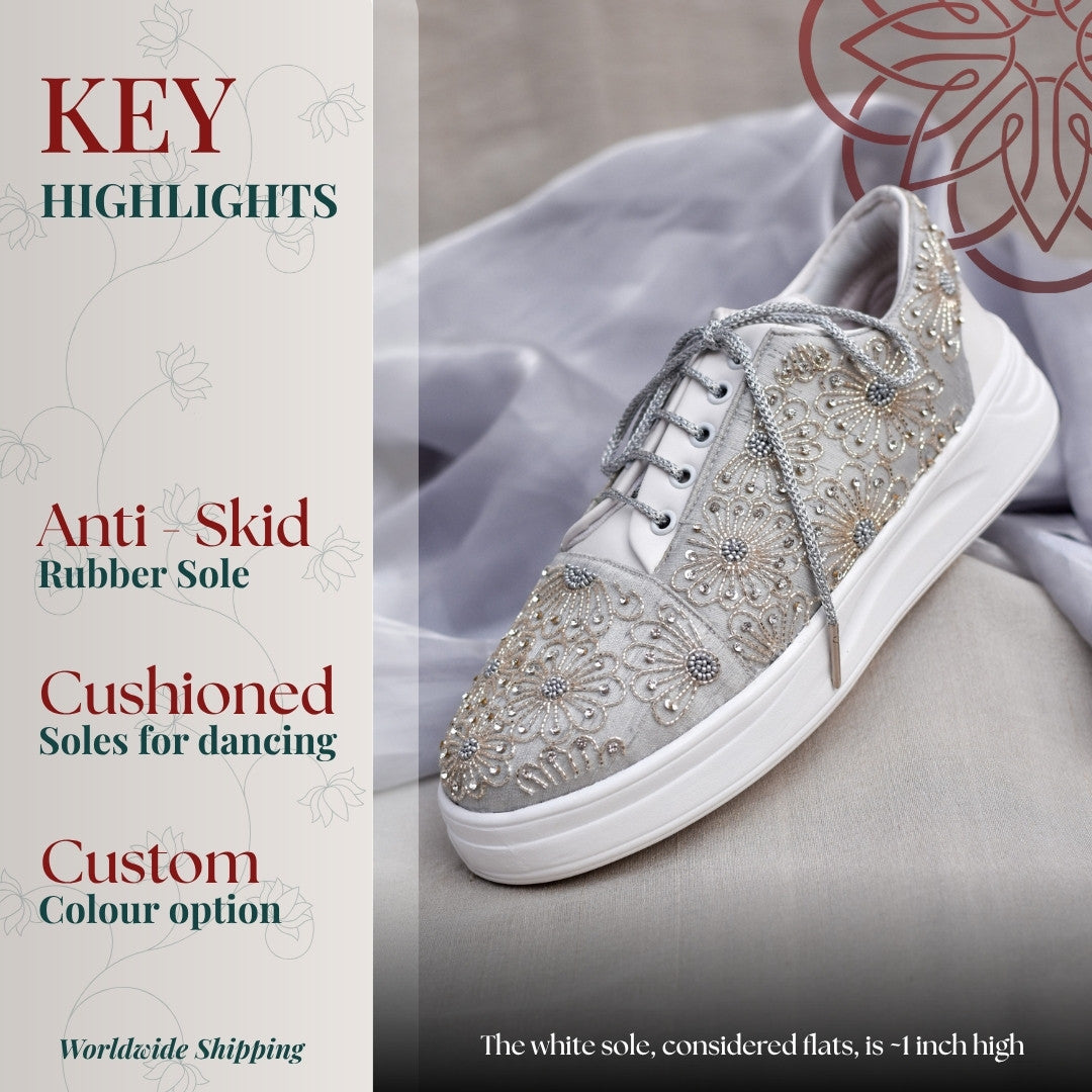 Silver party sneakers with beads embellishment for Indian parties and weddings