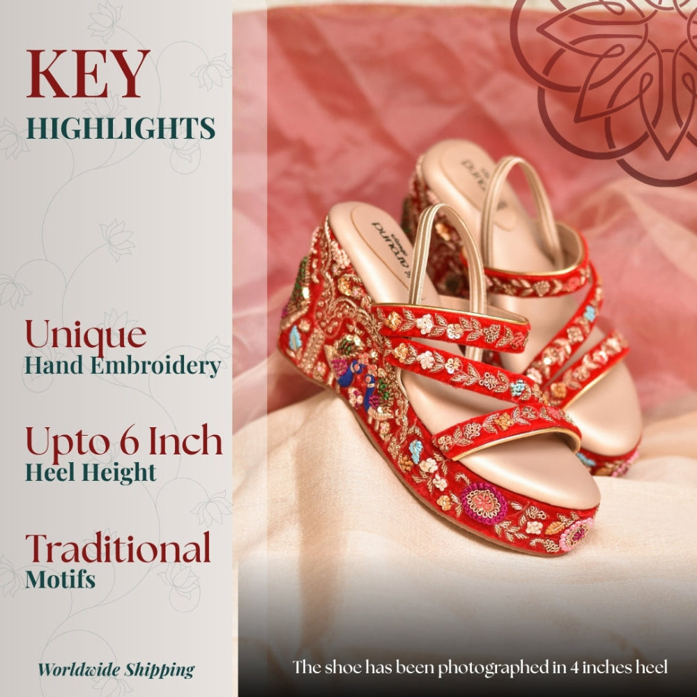 Red wedges with golden work with traditional motifs and multi-strap design