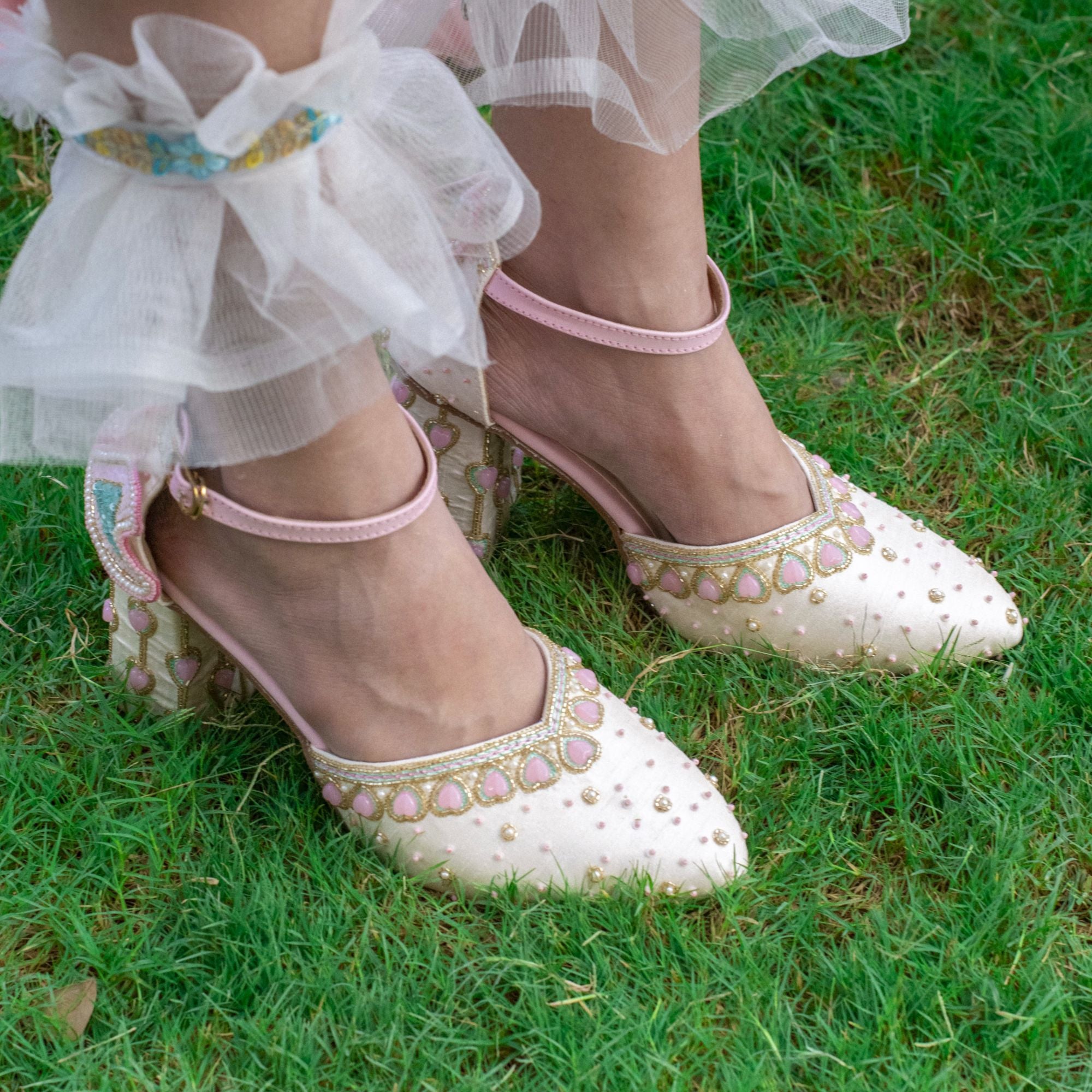 Pastel colour-block heels with bead embroidery and ankle strap
