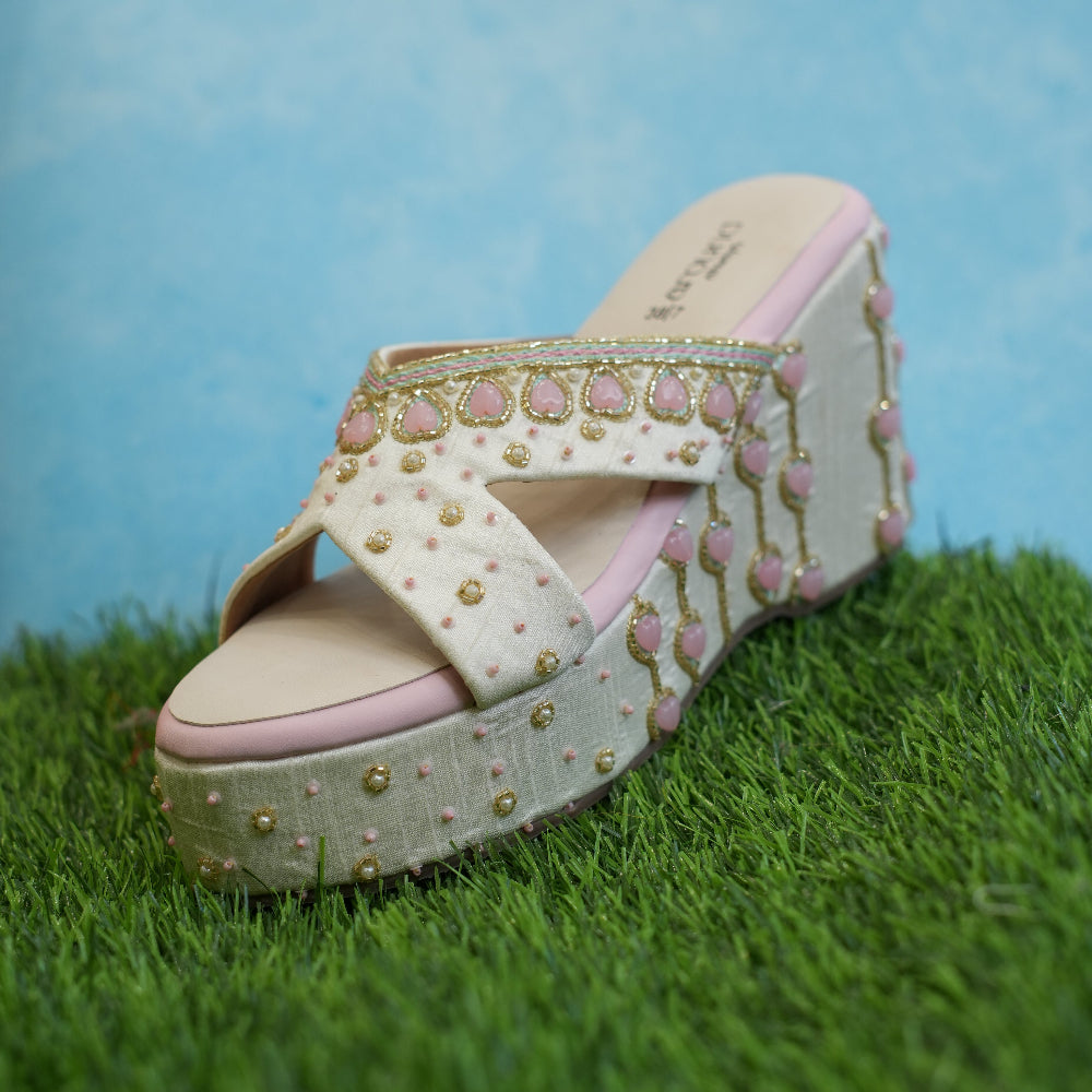 Around Always ivory platform sandals with pink and gold details