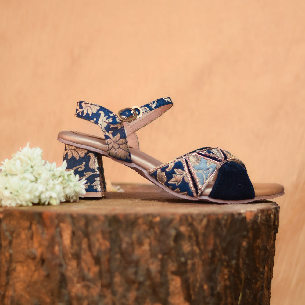 Festive sandals with geometric brocade panels and block heel