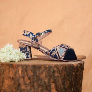 Festive sandals with geometric brocade panels and block heel