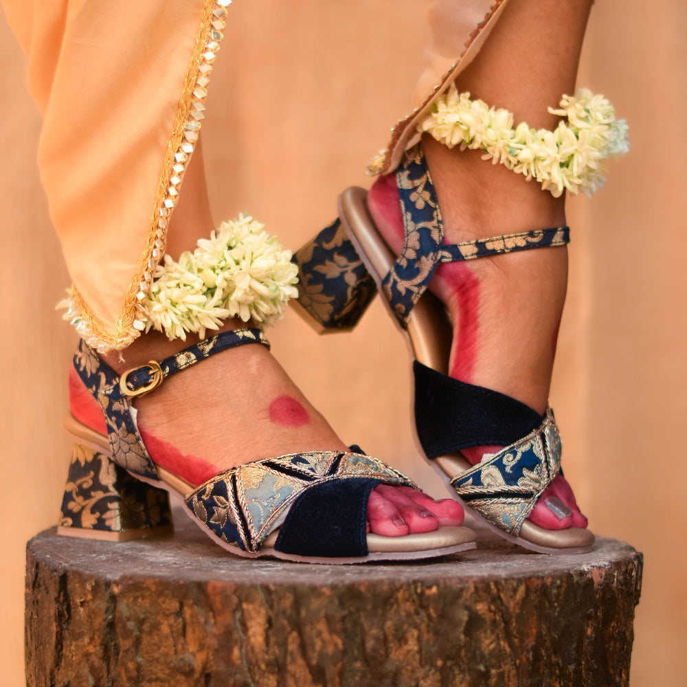 Navy velvet heel with brocade strap and ankle buckle on cushioned insole