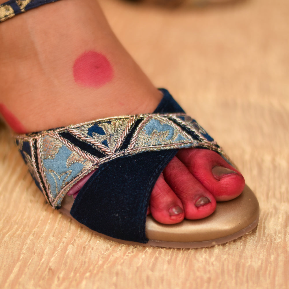 Dark blue occasion footwear with fabric and zardozi detailing