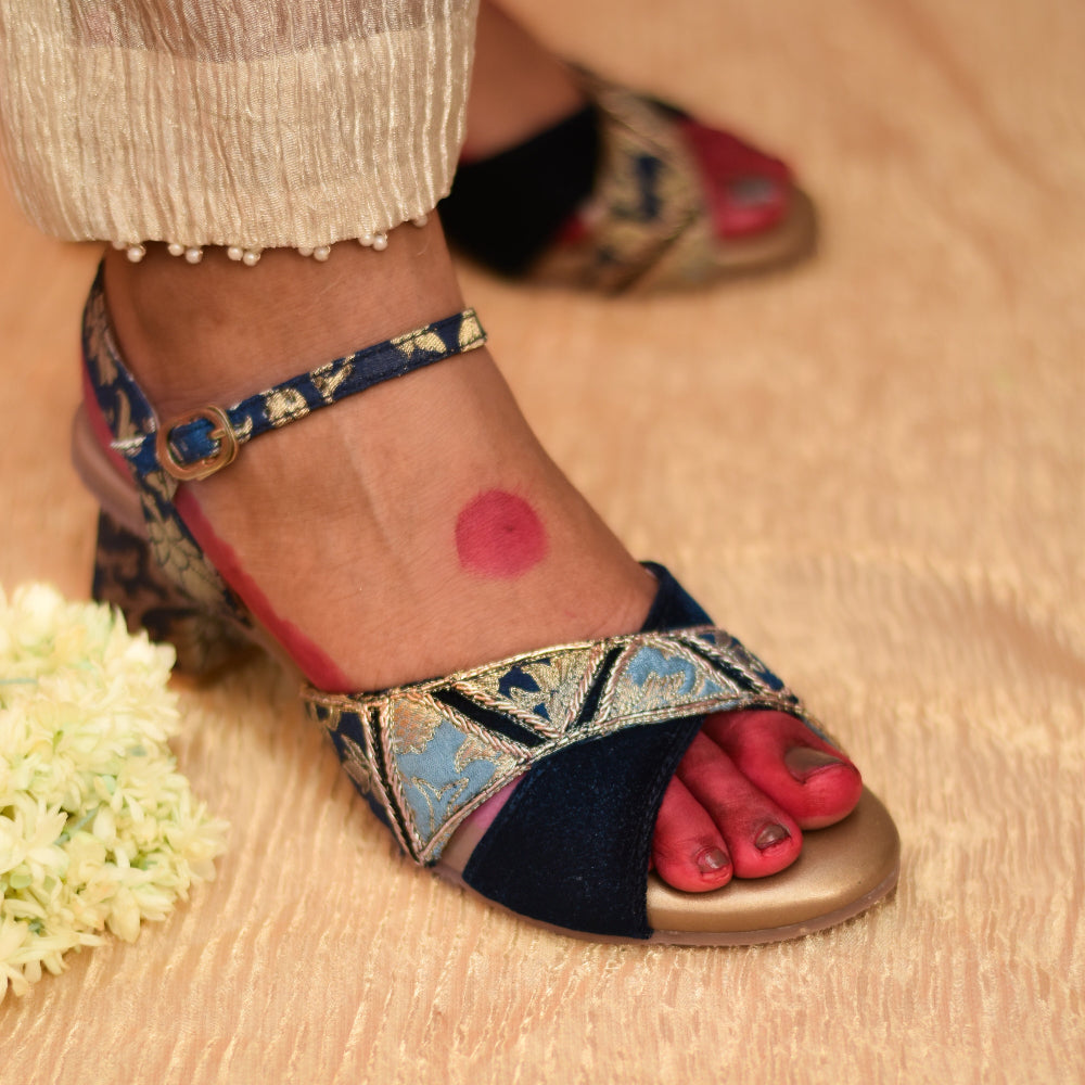 Festive heel with geometric brocade patch and block heel