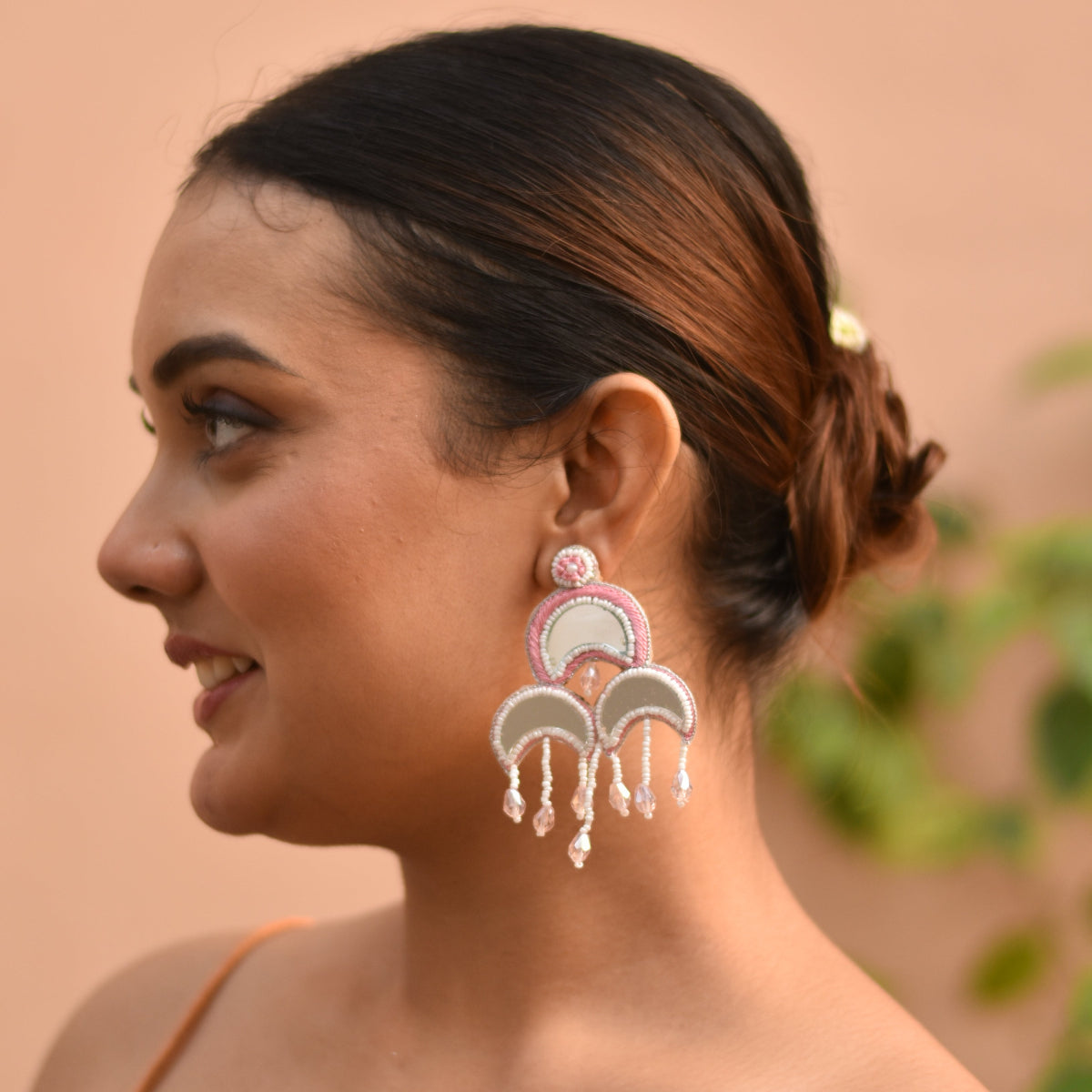 Handmade pastel statement earrings with mirror and bead detailing