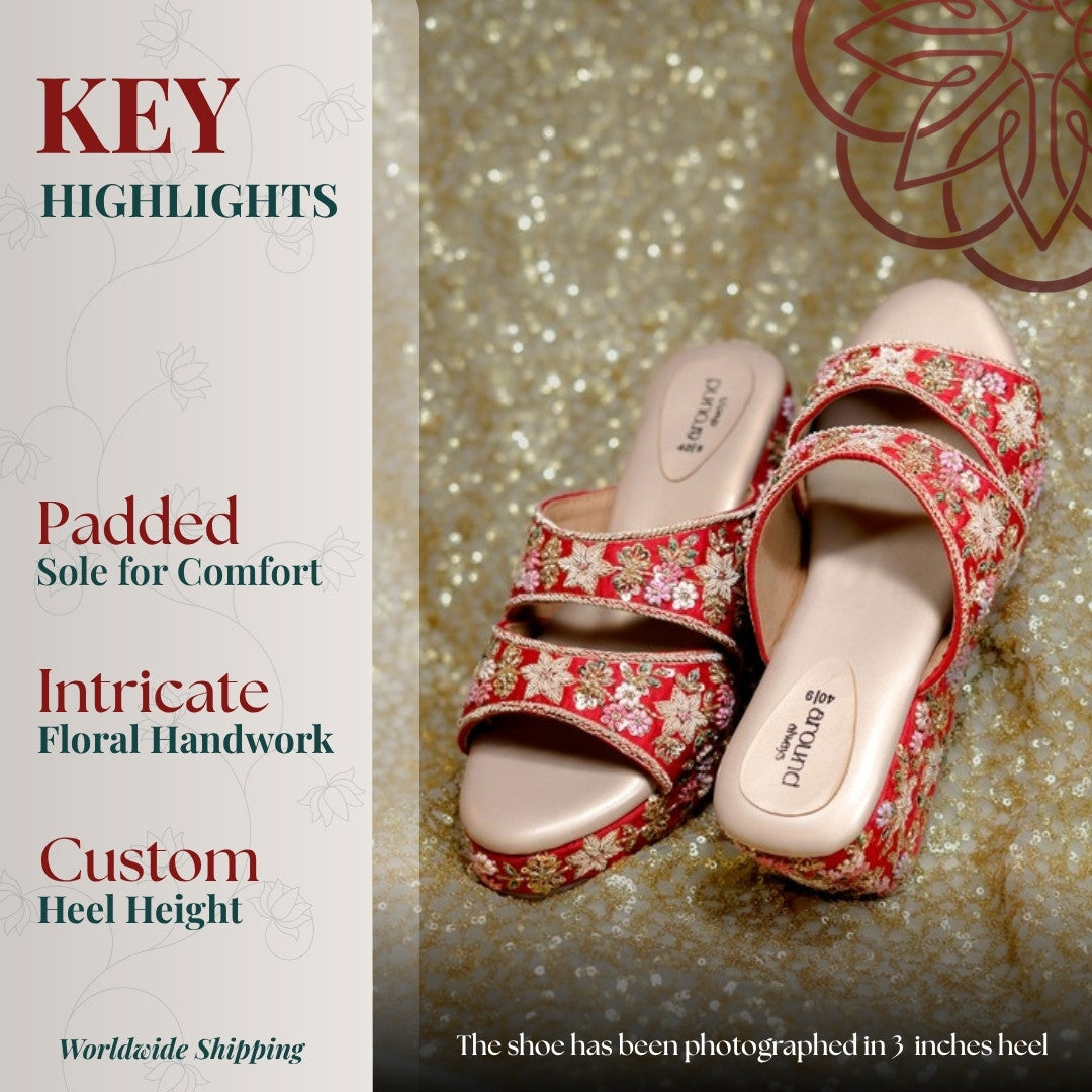 Myrah Wedges key highlights: padded sole for comfort, intricate floral handwork and custom heel height, shown in a 3 inch heel