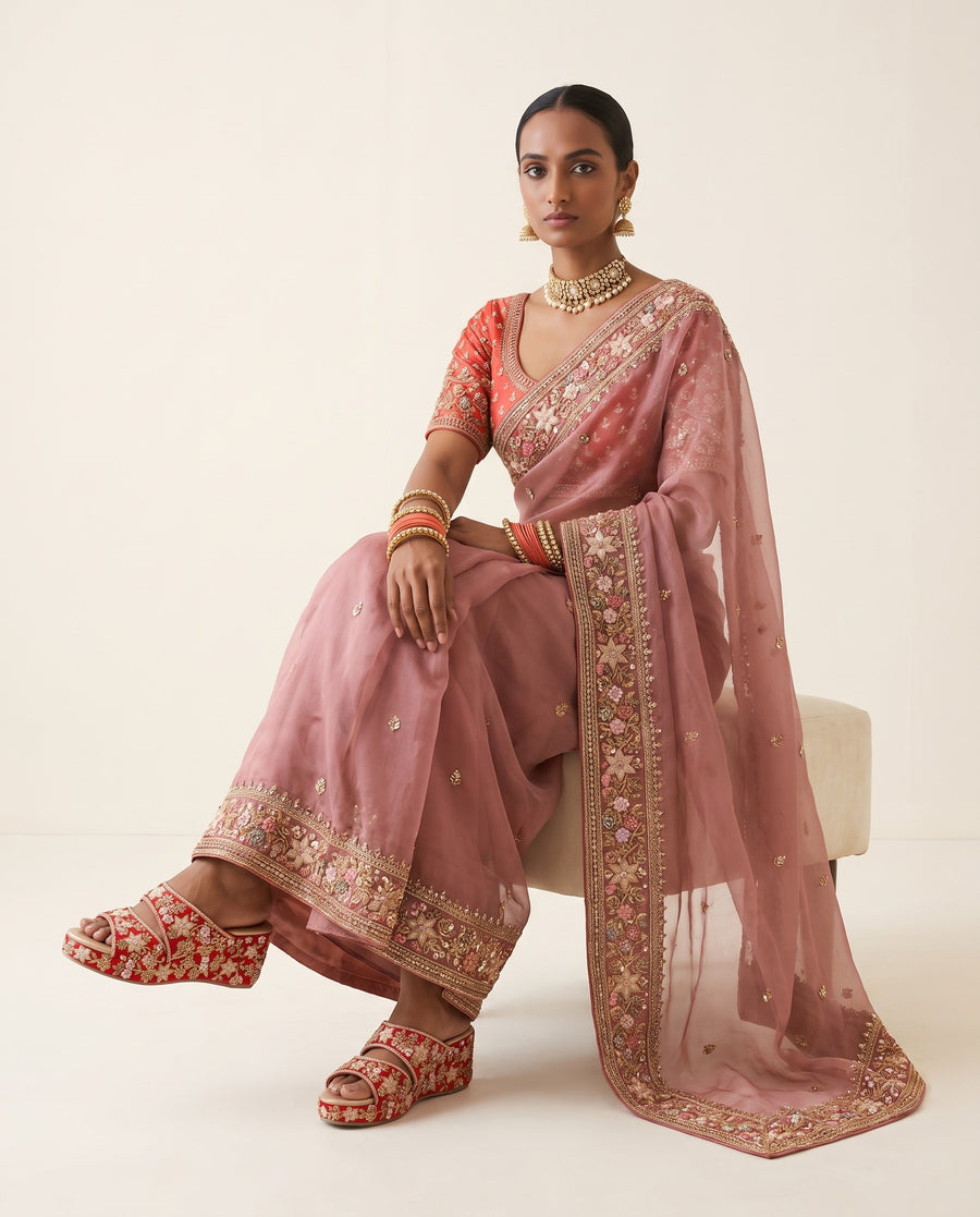 An Indian woman wearing a richly detailed saree paired with a contrast red blouse and embellished platform heels