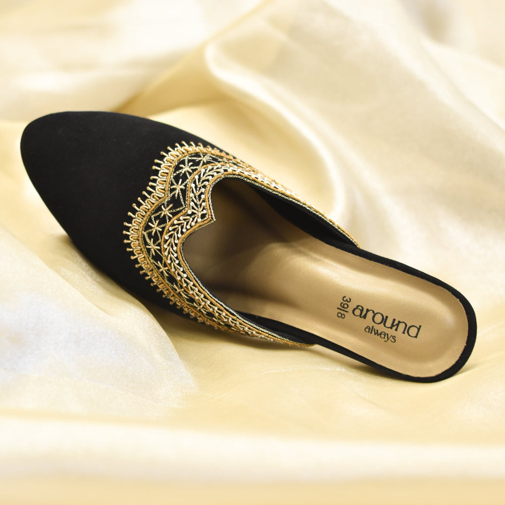 Elegant black party footwear with embroidered border design and cushioned insole.