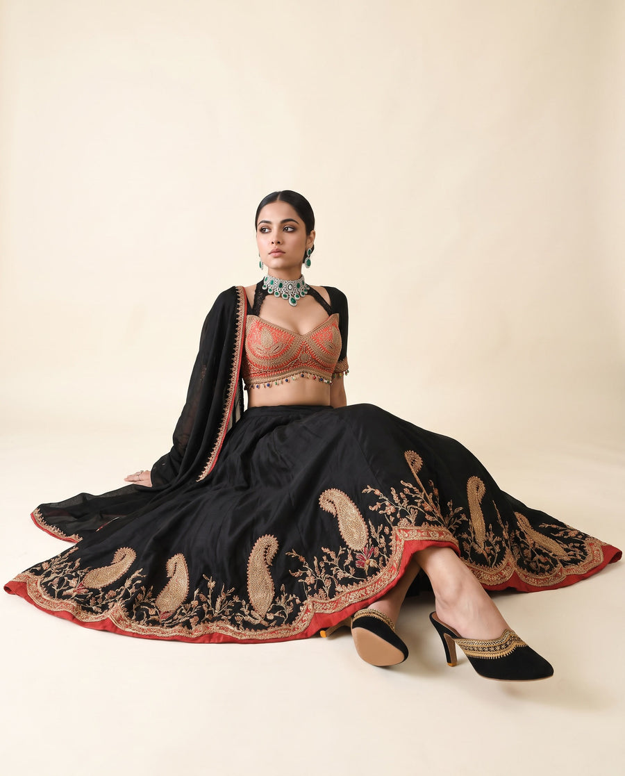 Designer Indian black mules for teaming with traditional ghagra and chaniya choli