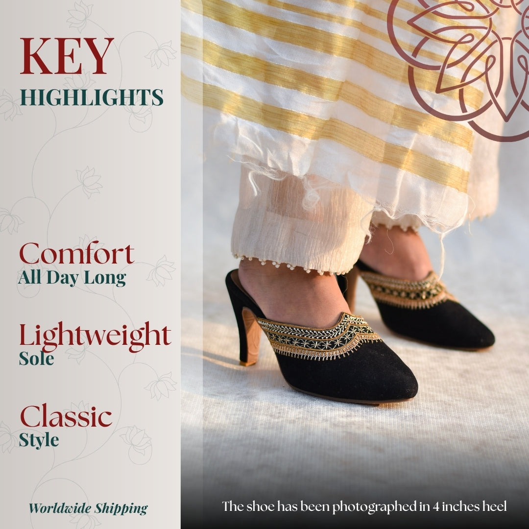 Classic black heeled mules featuring intricate neckline detailing and a slender heel