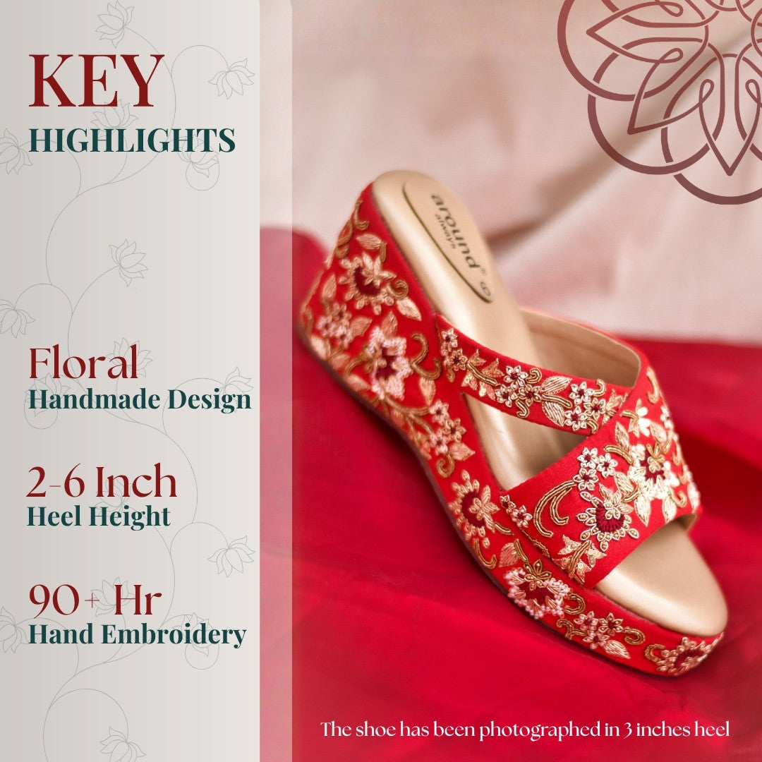 Red floral embroidered heels perfect for Indian wedding lehenga