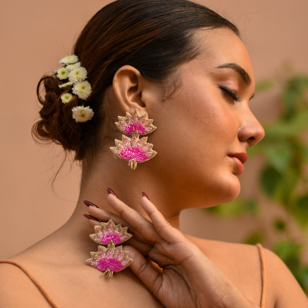 Lotus shaped beaded earrings for haldi