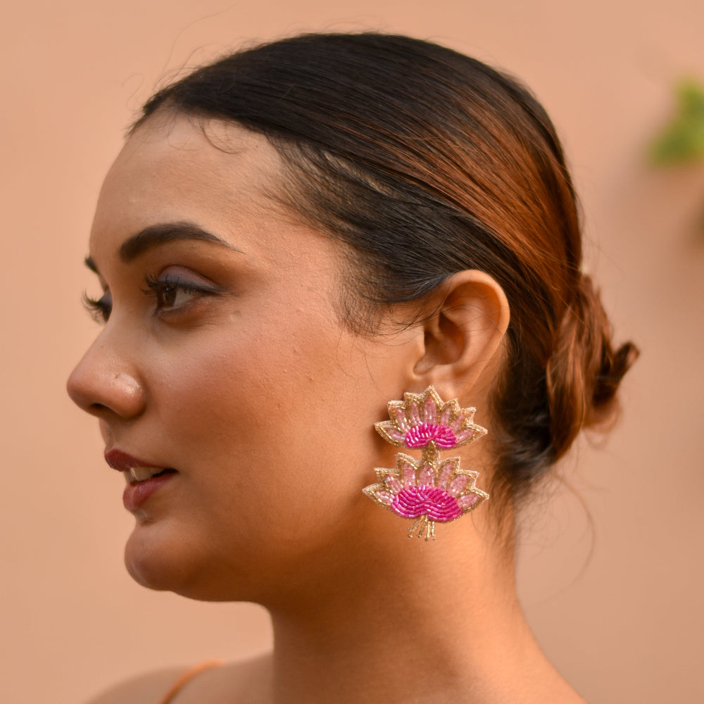 Pink earrings with lotus shaped embroidered in glass beads for haldi and mehendi