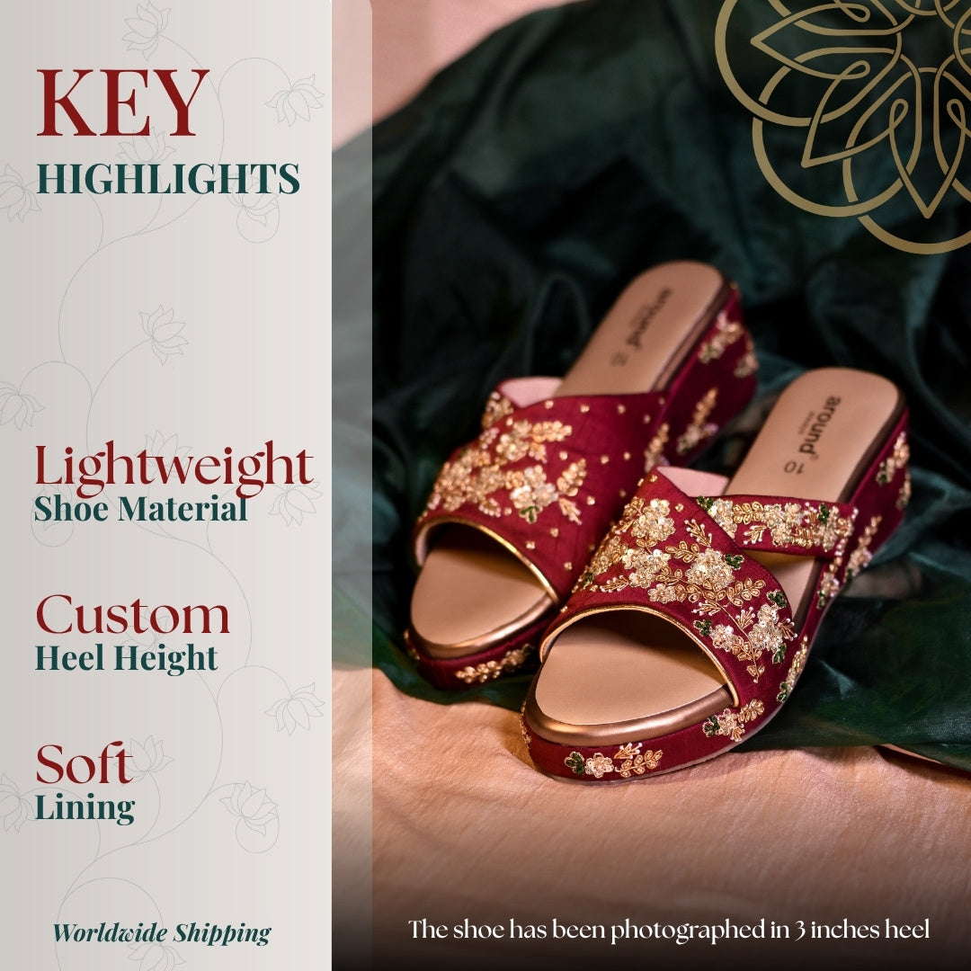 Rich maroon embroidered sandals with intricate threadwork and cushioned sole