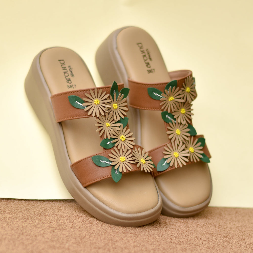 Brown double-strap slide sandal with layered floral appliqués