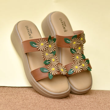 Brown double-strap slide sandal with layered floral appliqués