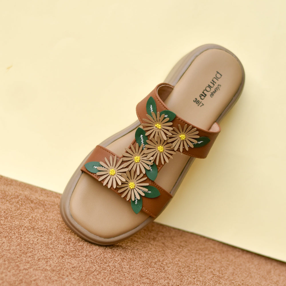 Casual platform slide with handcrafted flower detailing